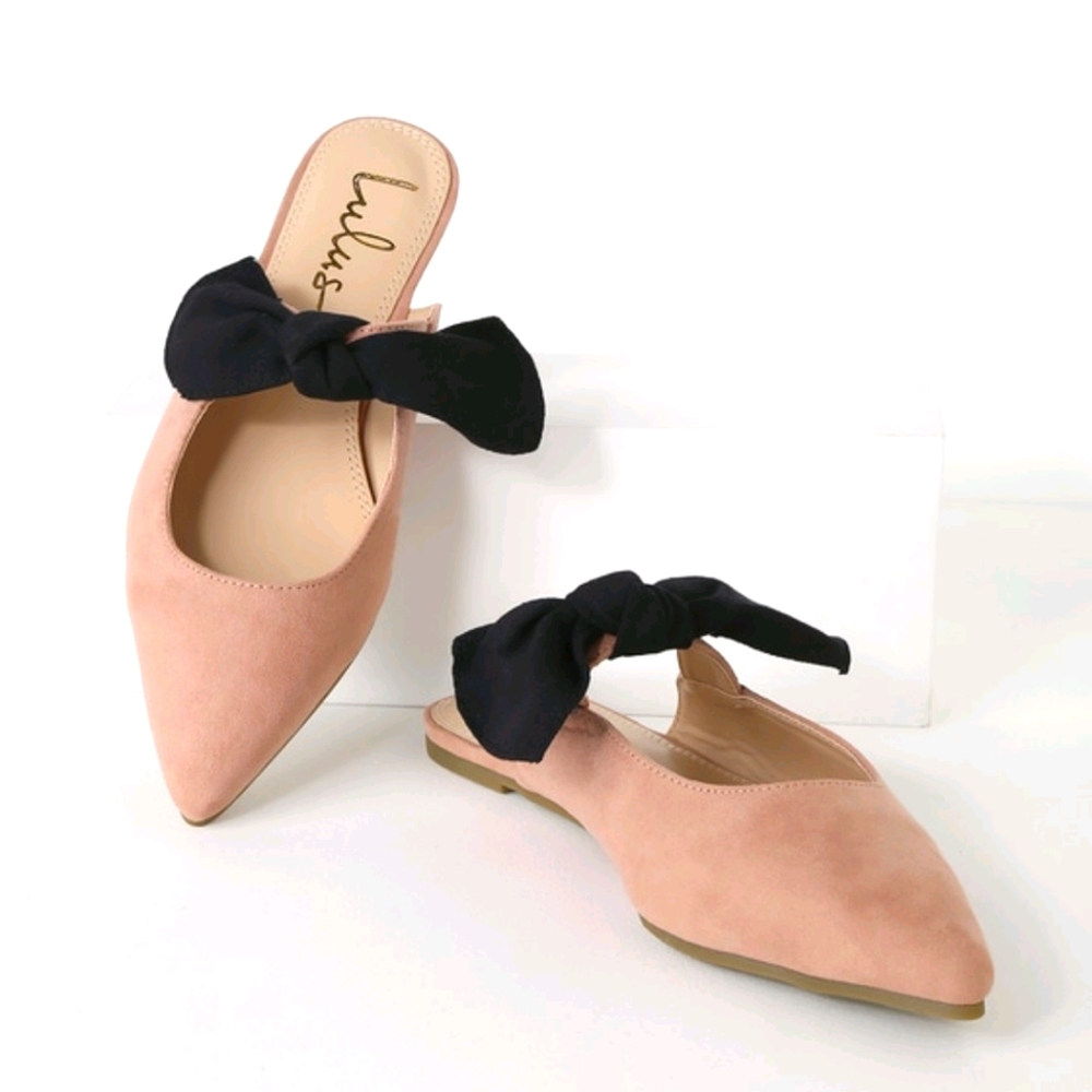 New Blush Suede Pointed Toe Bow Mules